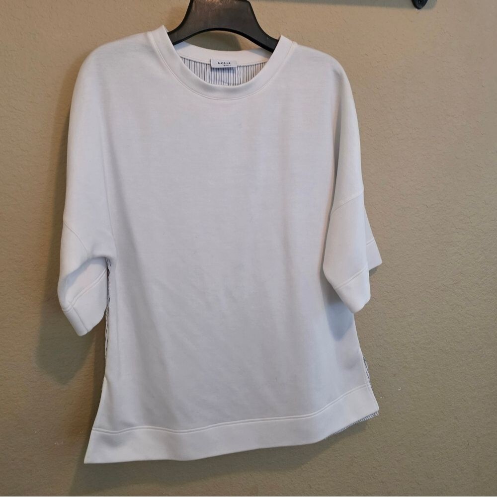 Akris Punto Top Blouse Stripe Mixed ShortLong Sleeve Cotton Poplin Designer 6